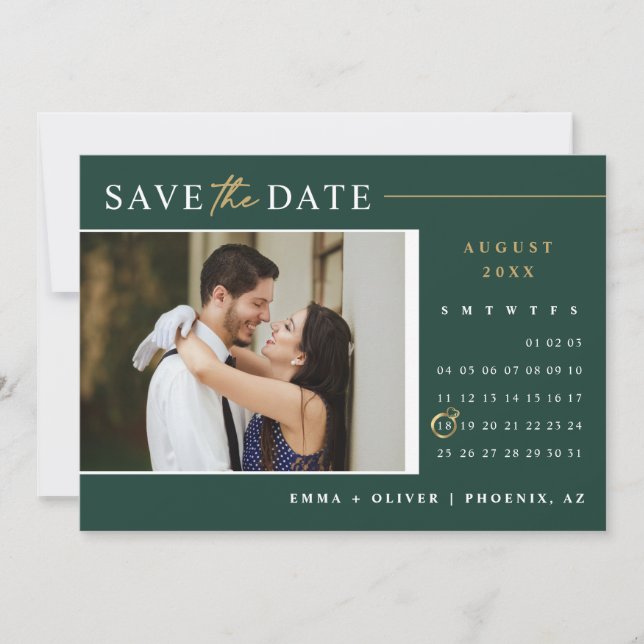Elegant Emerald Green Gold Save the Date Calendar  Invitation (Front)