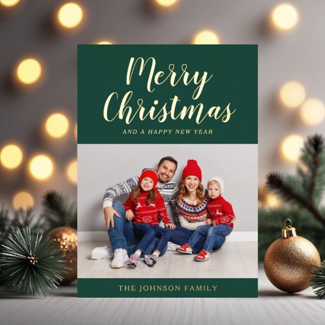 Elegant Emerald Green Gold Script Christmas Photo Foil Holiday Card (Festive Green Christmas Photo Gold Foil Holiday Card)