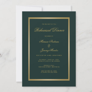 Elegant Emerald Green Gold Script Rehearsal Dinner Invitation