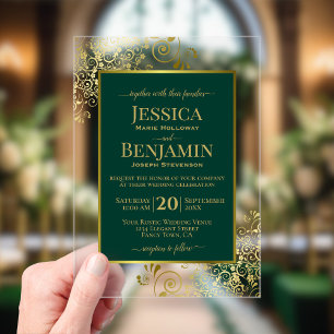Elegant Emerald Green & Gold Stylish Text Wedding Acrylic Invitations