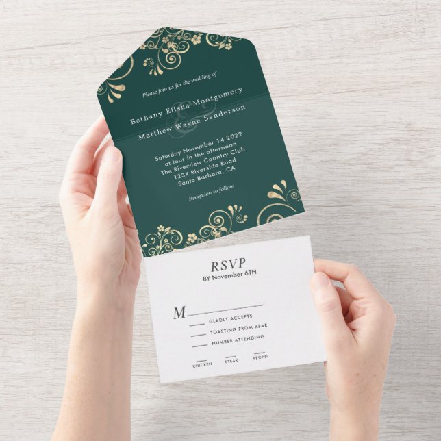 Elegant  Emerald Green Gold Swirl Wedding All In One Invitation (Tearaway)