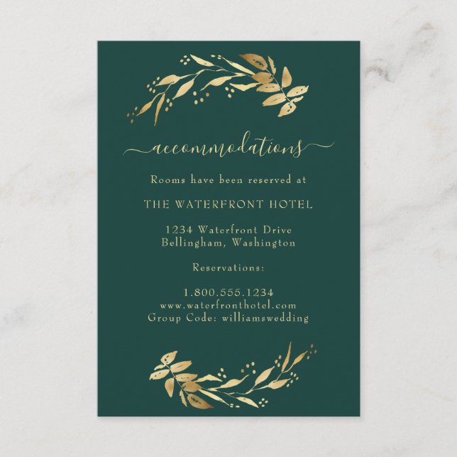 Elegant Emerald Green Gold Wedding Accommodations Enclosure Card (Front)