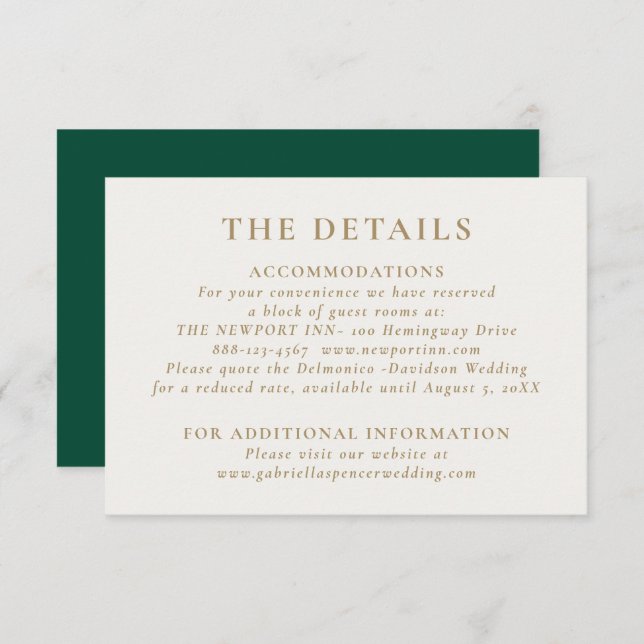Elegant Emerald Green Gold Wedding Details Enclosure Card (Front/Back)
