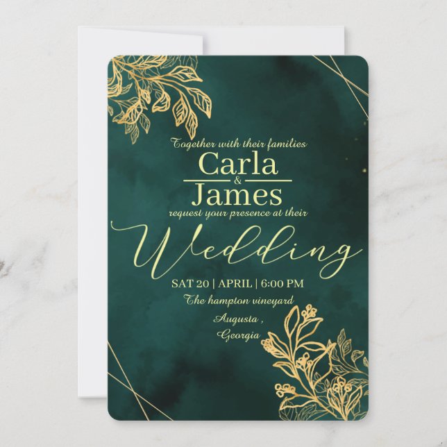 elegant emerald green gold wedding invitation (Front)