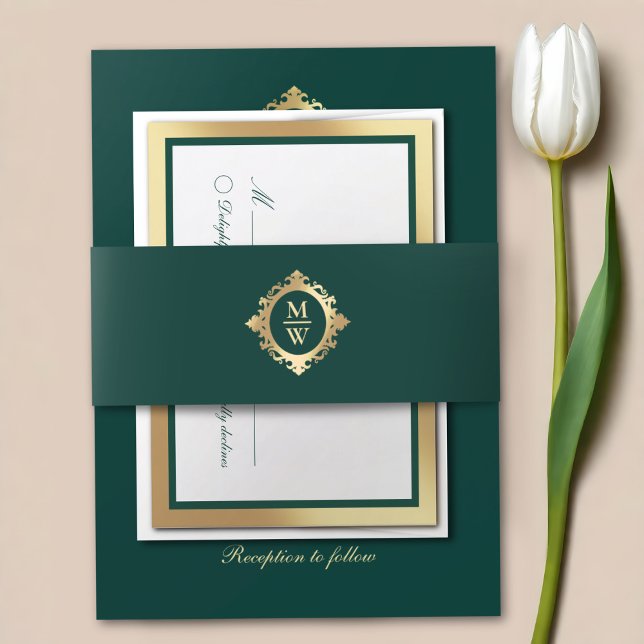 Elegant Emerald Green Gold Wedding Monogram Invitation Belly Band (Creator Uploaded)