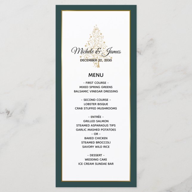 Elegant Emerald Green Gold Winter Holiday Wedding Menu (Front)