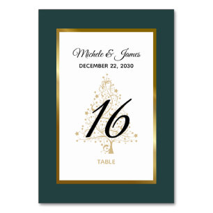 Elegant Emerald Green Gold Winter Holiday Wedding Table Number