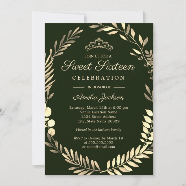 Elegant Emerald Green Gold Wreath Sweet Sixteen Invitation (Front)