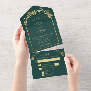 Elegant Emerald Green Golden Foliage Wedding Arch All In One Invitation