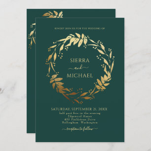 Elegant Emerald Green Golden Wreath Wedding Invitation