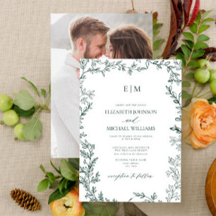 Elegant Emerald Green Leaf Photo Monogram Wedding Invitation