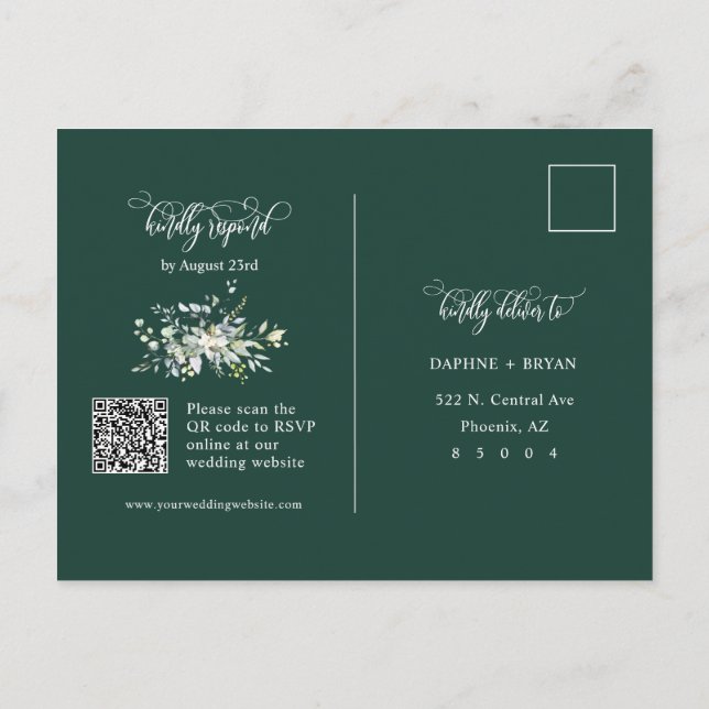 Elegant Emerald Green Leaves QR Code Address RSVP Postcard (Back)