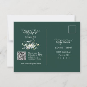 Elegant Emerald Green Leaves QR Code Address RSVP Postcard