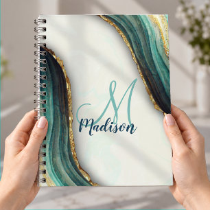 Elegant emerald green marble art faux gold glitter notebook