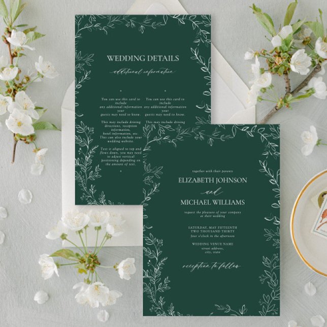 Elegant Emerald Green Minimal Leaf Details Wedding Invitation (Creator Uploaded)