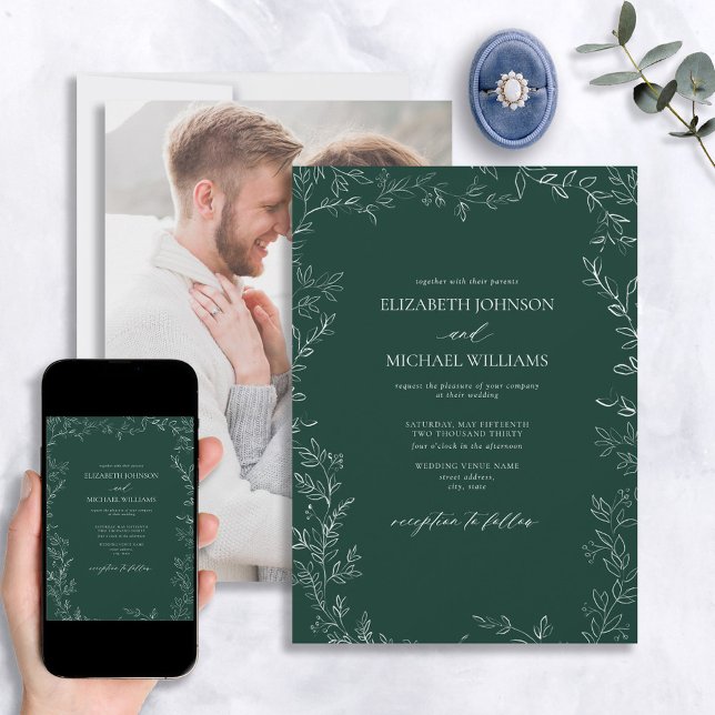 Elegant Emerald Green Minimal Leaf Photo Wedding Invitation (Creator Uploaded)