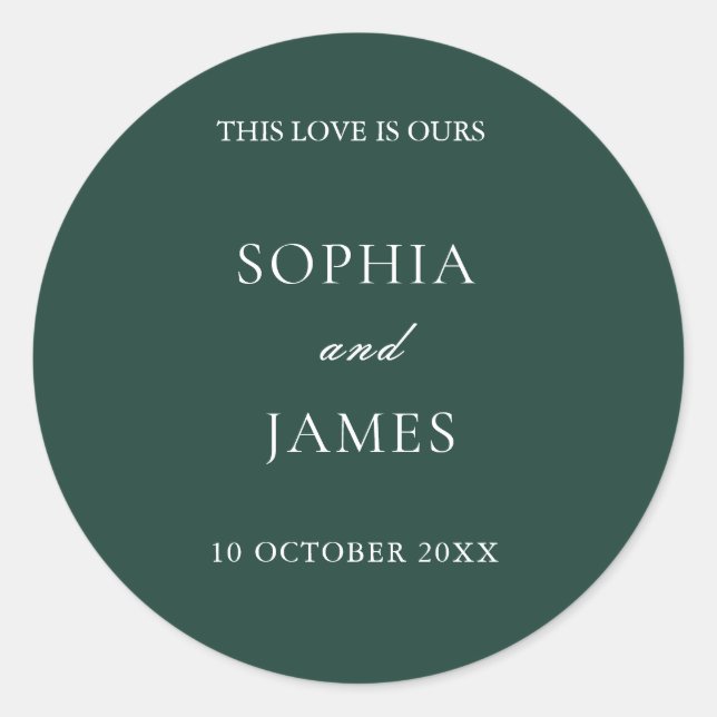 Elegant Emerald Green Minimalist Wedding Classic Round Sticker (Front)