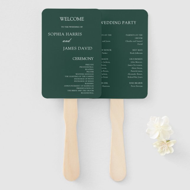 Elegant Emerald Green Minimalist Wedding Programs Hand Fan (Front and Back)