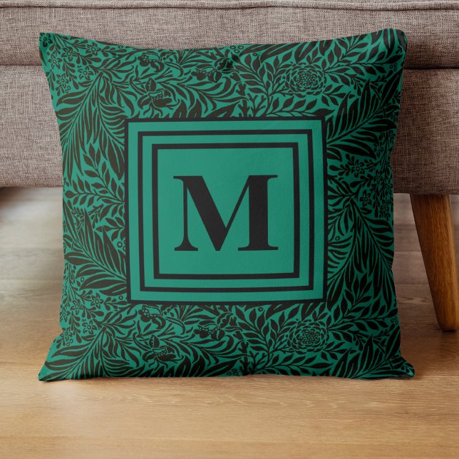 Elegant Emerald Green Monogram Foliage Pattern Cushion (Creator Uploaded)