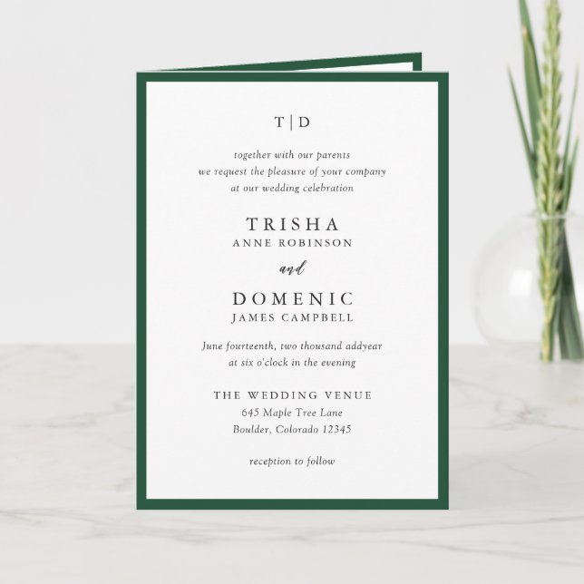 Elegant Emerald Green Monogram Modern Wedding Invitation (Front)