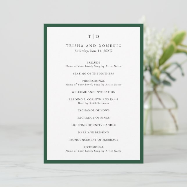 Elegant Emerald Green Monogram Modern Wedding Program (Standing Front)