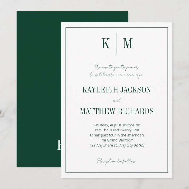 Elegant Emerald Green Monogram Wedding  Invitation (Front/Back)
