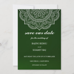 Elegant Emerald Green Paisley Indian Hindu Wedding Save The Date