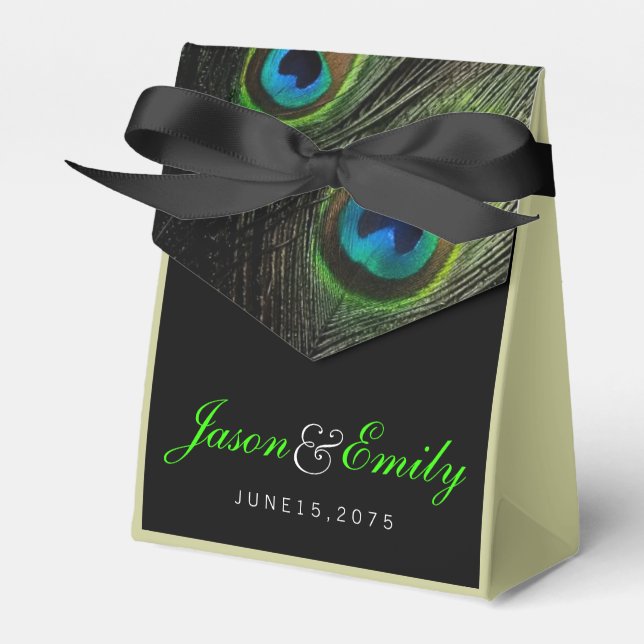 Elegant Emerald Green Peacock Wedding Favour Box (Front Side)