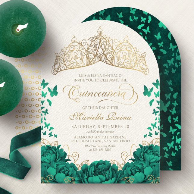 Elegant Emerald Green Princess Crown Quinceanera Invitation (Creator Uploaded)
