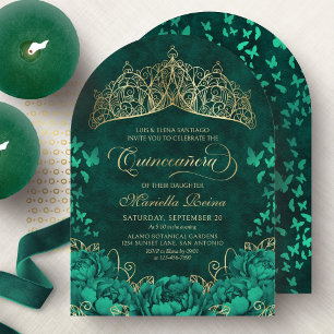 Elegant Emerald Green Princess Crown Quinceanera Invitation