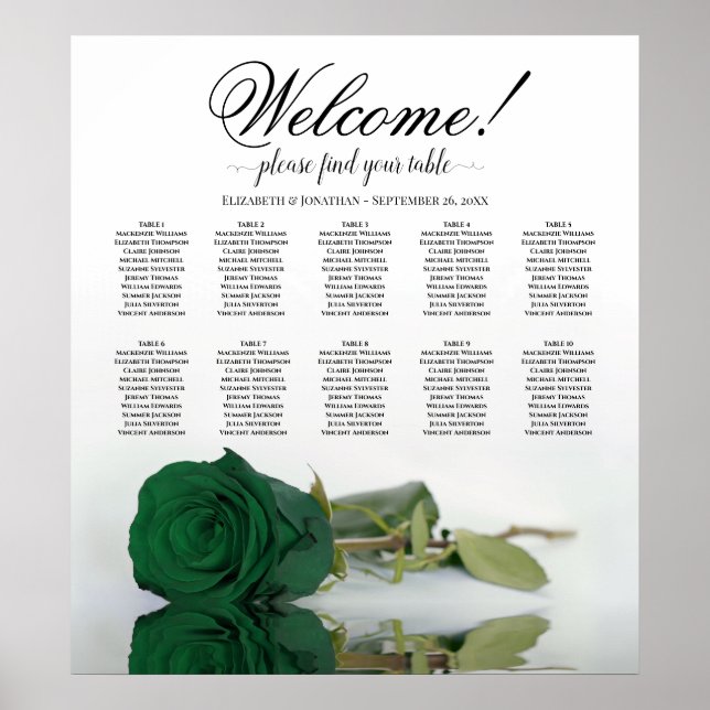 Elegant Emerald Green Rose 10 Table Seating Chart (Front)