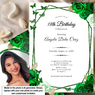 Elegant Emerald Green Rose 18th Birthday Debut  Invitation