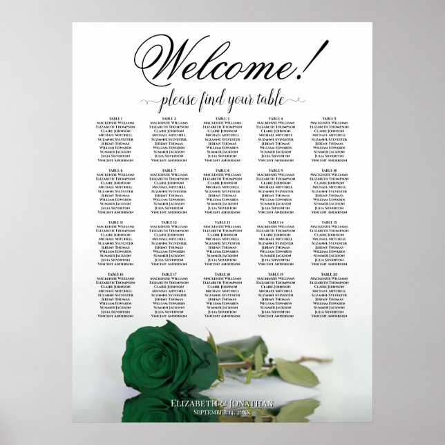 Elegant Emerald Green Rose 20 Table Seating Chart (Front)