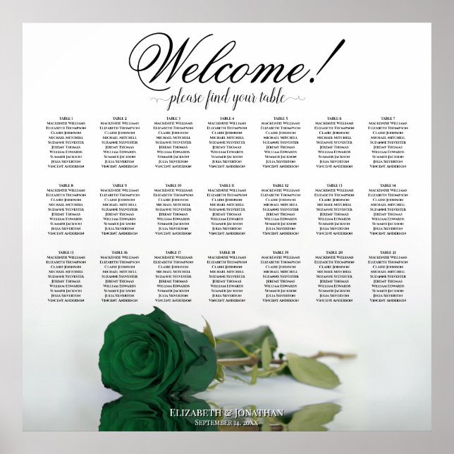 Elegant Emerald Green Rose 21 Table Seating Chart (Front)