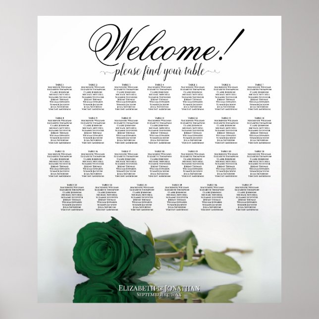 Elegant Emerald Green Rose 27 Table Seating Chart (Front)