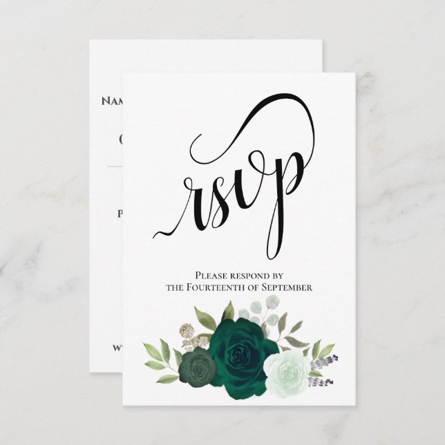 Elegant Emerald Green Rose Bouquet Wedding RSVP Card (Front/Back)