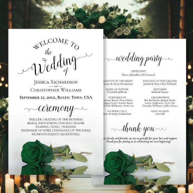 Elegant Emerald Green Rose Budget Wedding Program (Front/Back)