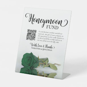 Elegant Emerald Green Rose Honeymoon Fund QR Code Pedestal Sign