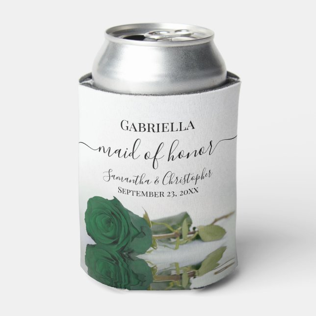 Elegant Emerald Green Rose Maid of Honour Wedding Can Cooler (Can Front)