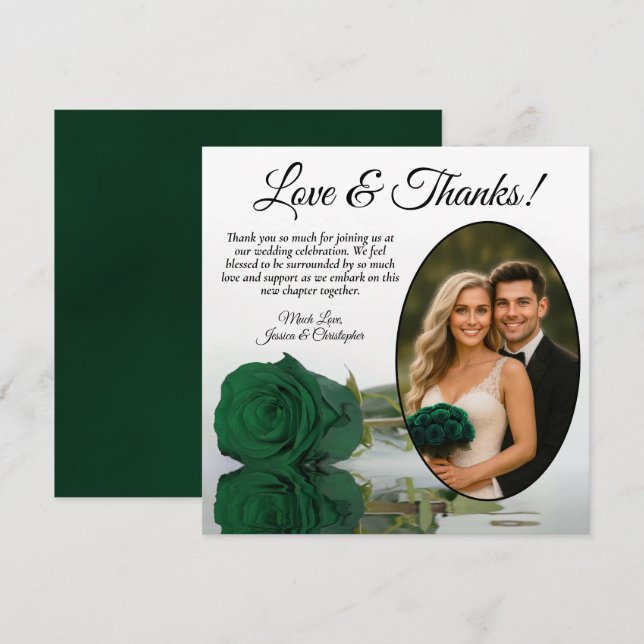 Elegant Emerald Green Rose Oval Photo Wedding Thank You Card (Front/Back)
