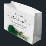 Elegant Emerald Green Rose Posh Bridesmaid Wedding Large Gift Bag<br><div class="desc">These beautiful gift bags are designed as a wedding gift or favour bag for your Bridesmaids. They feature a simple yet stunning design with a long stemmed emerald green coloured rose lying on its side. The title "Bridesmaid" written in fancy script letters with swashes on the ends. There is also...</div>