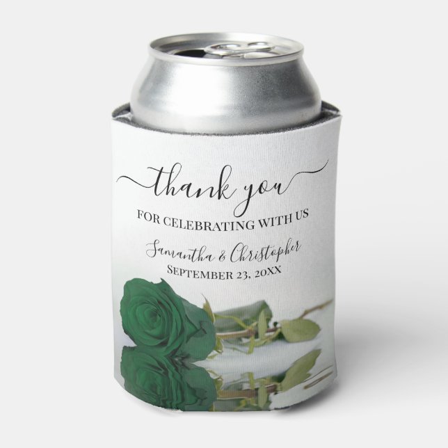 Elegant Emerald Green Rose Wedding Thank You Can Cooler (Can Front)