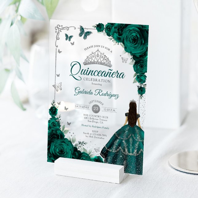 Elegant Emerald Green Roses Silver Quinceanera  Acrylic Invitations (Creator Uploaded)
