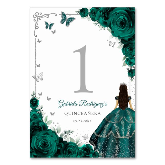 Elegant Emerald Green Roses Silver Quinceanera Table Number (Front)