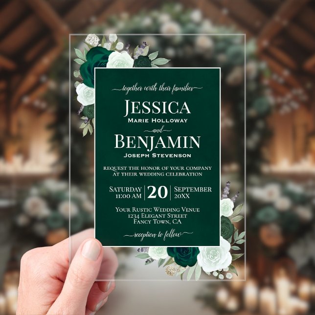 Elegant Emerald Green Roses Stylish Text Wedding Acrylic Invitations (Clear Acrylic with Rectangle Cut)