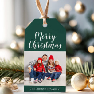 Elegant Emerald Green Script Christmas Photo Gift Tags