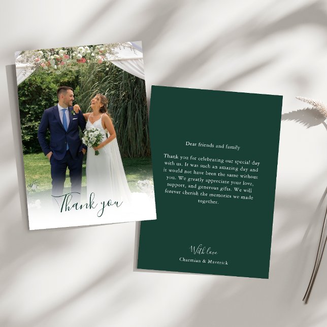 Elegant Emerald Green Script Photo Wedding  Thank You Card (Creator Uploaded)