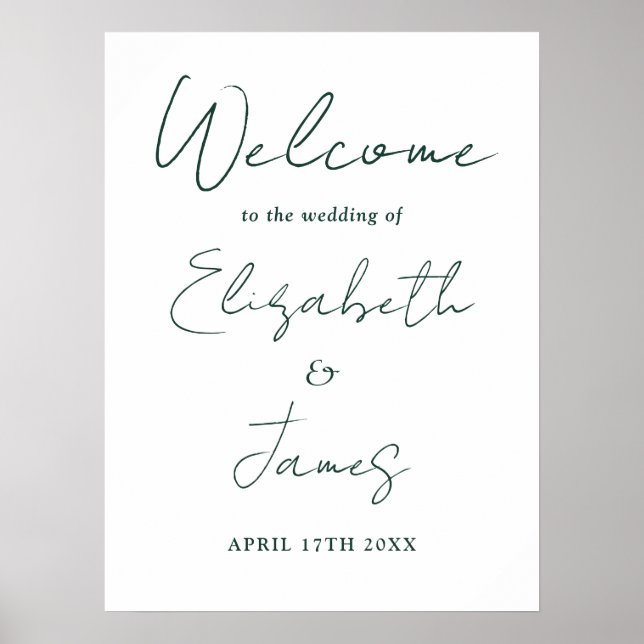 Elegant Emerald Green Script Wedding Welcome Sign (Front)