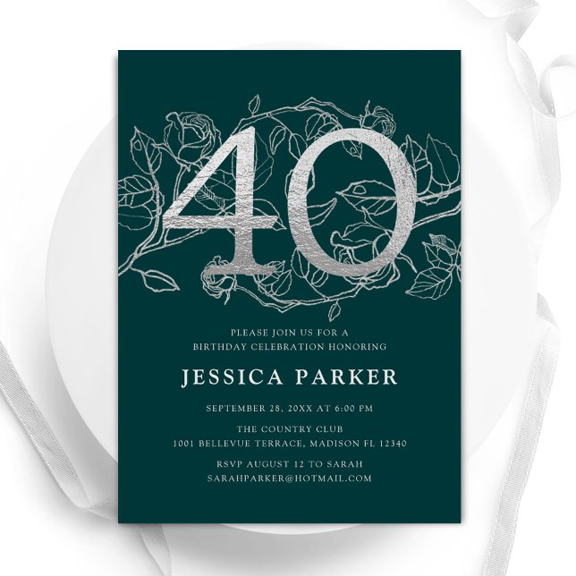Elegant Emerald Green Silver 40th Birthday Invitation (Creator Uploaded)