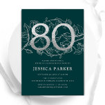 Elegant Emerald Green Silver 80th Birthday Invitation<br><div class="desc">Elegant emerald green silver 80th birthday party invitation. Customisable modern feminine design featuring roses botanical accents and faux glitter silver. Simple floral invite card perfect for a stylish female bday celebration. Personalise with your own details. Printed Zazzle invitations or instant download digital printable template.</div>